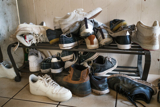 Pile of hipster running shoes