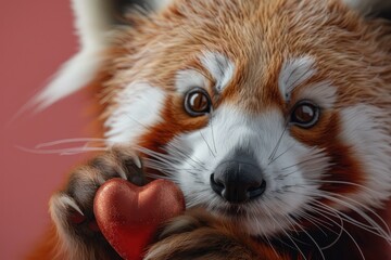 A red and white panda bear holding a heart in its paw