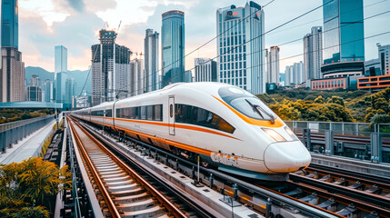 Naklejka premium Modern white high-speed train among new skyscrapers. Generative AI.