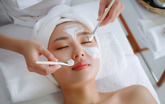 Beautiful young woman having facial mask in spa salon,closeup.Therapeutic massage,massage,spa and wellness concept.