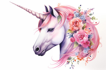 watercolor painting the portrait of pink unicorn decorated with floral isolate on clean white background