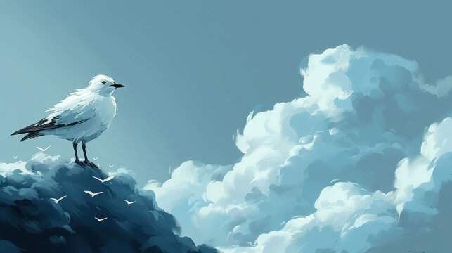 a painting of a seagull sitting on top of a rock in the middle of a blue cloudy sky.