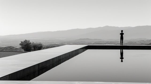 a black and white photo of a person standing at the edge of a pool with a mountain in the background.