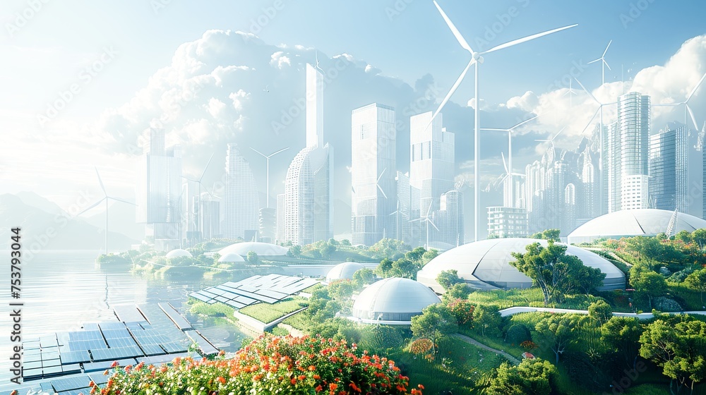 Poster wind turbines elegantly integrated into the city architecture, solar panels covering the rooftops of