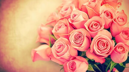 a bouquet of pink roses sitting in a vase on a table with a blurry wall in the back ground.