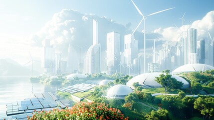 Wind turbines elegantly integrated into the city architecture, solar panels covering the rooftops of buildings, and public spaces powered by renewable energy sources. Generative AI.