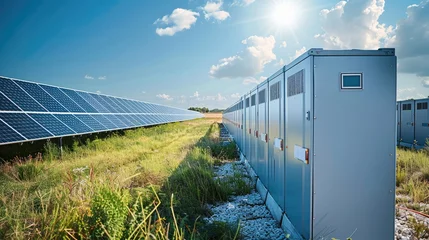 Foto op Canvas Battery storage system next to a photovoltaic power plant. Generative AI. © visoot