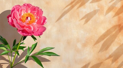 a large pink flower sitting on top of a green leafy plant next to a beige wall with a shadow of a leafy plant on it's side.