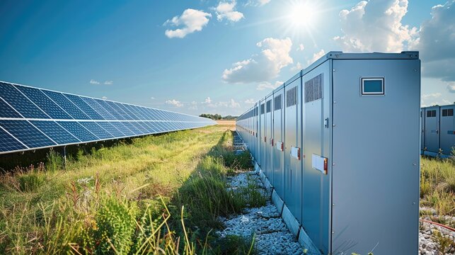 Battery storage system next to a photovoltaic power plant. Generative AI.