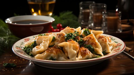 Dumplings and other foods are placed in a plate. Food Illustration