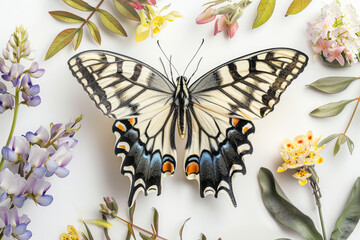 Wzorzysty motyl siedzący między roślinami - obrazy, fototapety, plakaty