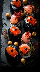 Fototapeta premium Food on plates in different shapes and colors is shown. Food Illustration 