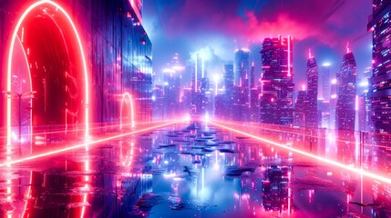 Fototapeta premium Futuristic city night urban fantasy, in the style of neon color. Generative AI.