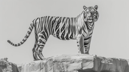 a black and white photo of a tiger standing on top of a rocky outcrop with a sky background.