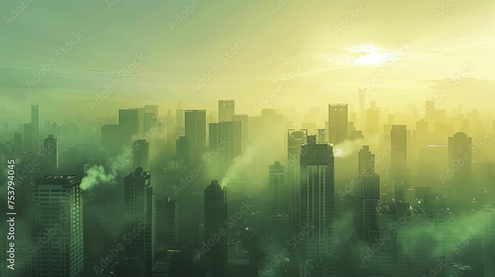 Poster A cityscape digital graphic shows urban contribution to greenhouse gases with green and smoggy overlays.