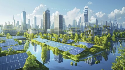 Naklejka premium city with all buildings equipped with solar panels, depicting urban renewable energy adoption.