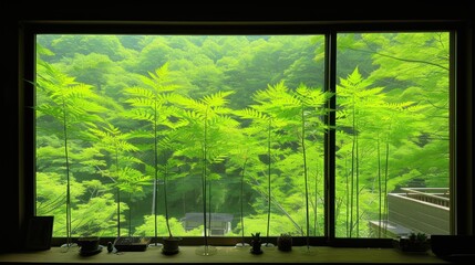 a window with a view of a lush green forest in front of a window sill with a bench in front of it.