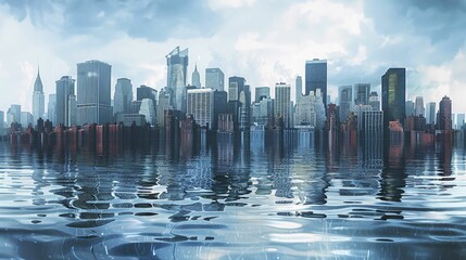 Fototapeta premium A cityscape digital graphic portrays rising sea levels, showing the danger of flooding from global warming.