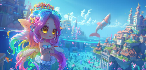 An HD 4D image of a chibi girl with rainbow hair