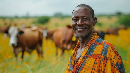 A man wearing a colorful shirt stands in a field with cows