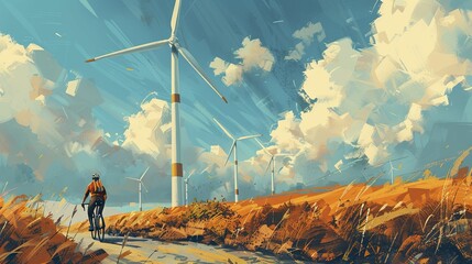 cyclist riding past a row of wind turbines, blending recreation with renewable energy landscapes.