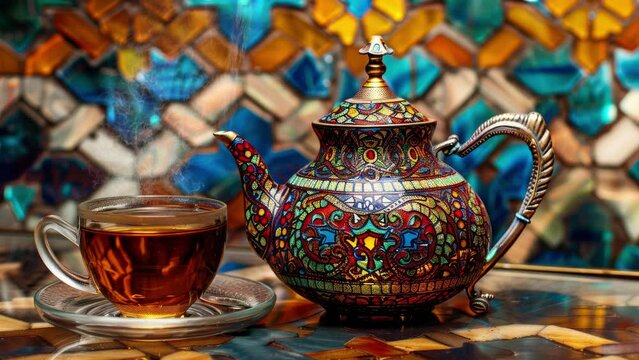 Beautiful Moroccan teapot and glass glass with tea, animation of smoke or rising steam