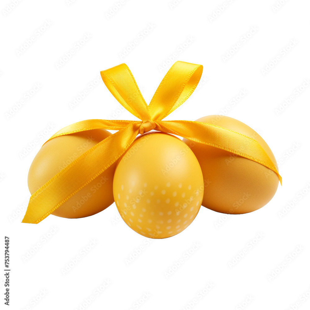 Poster three eggs with yellow coloring and a patterned ribbon isolated on transparent background