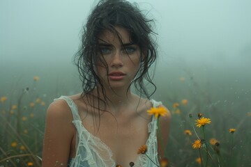 A captivating image portraying a woman with wet hair in a misty meadow with yellow flowers Intense gaze