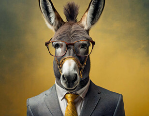man in a suit with a donkey Donkey wearing business suit and glasses . portrait of a businessman  donkey