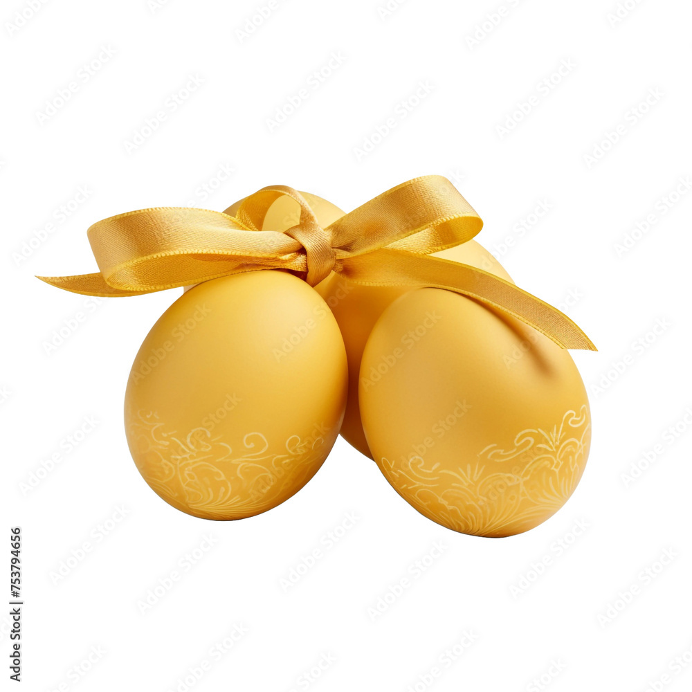 Poster three eggs with yellow coloring and a patterned ribbon isolated on transparent background