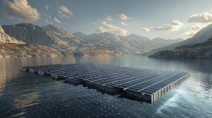 A digital illustration showing floating solar panels on a reservoir, using water bodies for energy generation.