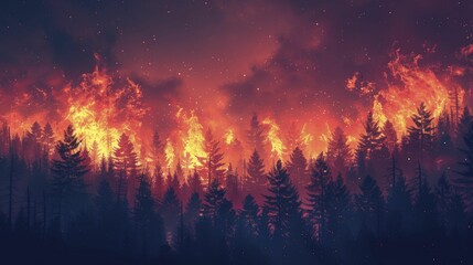 A digital illustration shows a burning forest, highlighting more frequent wildfires due to global warming's impact. - obrazy, fototapety, plakaty