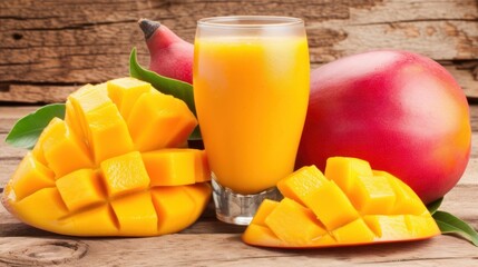 a glass of orange juice next to sliced mangoes and a mango fruit on a wooden table with a wooden background.