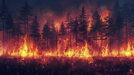 A digital illustration showing a forest ablaze highlights the surge in wildfires due to climate change. - obrazy, fototapety, plakaty