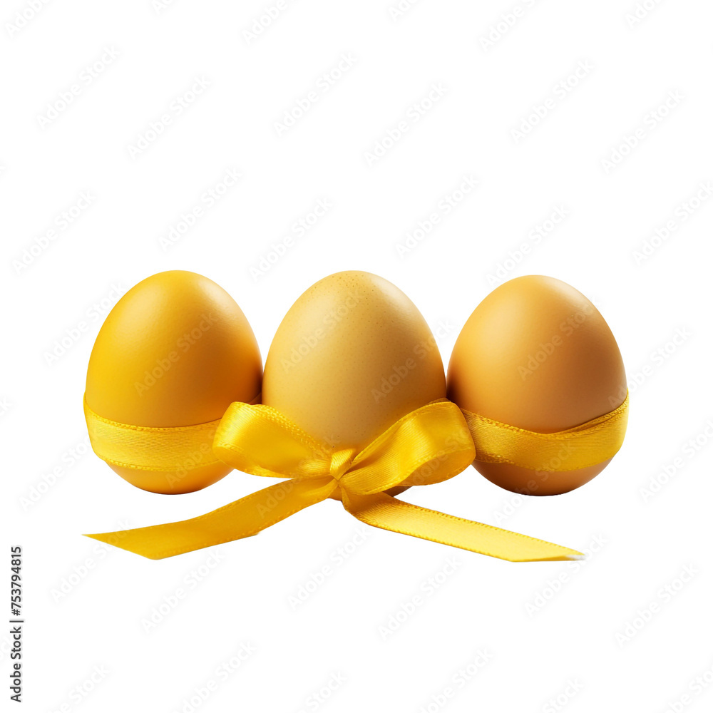 Poster three eggs with yellow coloring and a patterned ribbon isolated on transparent background