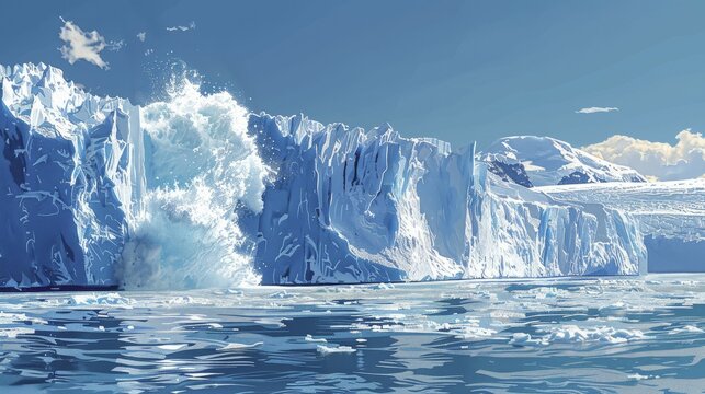 A digital illustration depicts a glacier fracturing and calving into the sea, showcasing accelerated ice melting due to increasing temperatures.