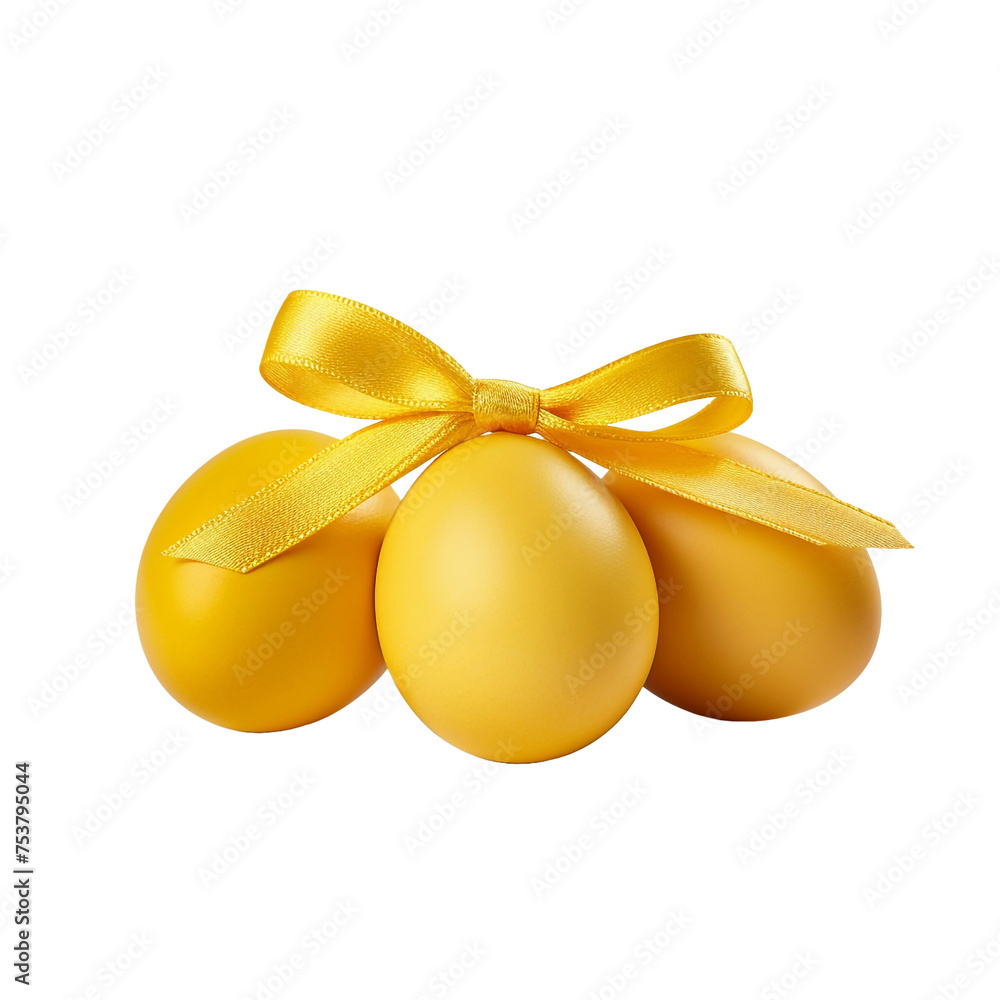 Poster Three eggs with yellow coloring and a patterned ribbon isolated on transparent background