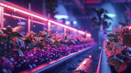 A hydroponic farm's digital image shows LED-lit setup powered by renewable energy for sustainable agriculture promotion.