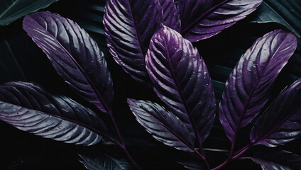 Textured abstract amethyst leaves for a dark and sophisticated tropical flat lay. Dark nature concept, tropical leaf.