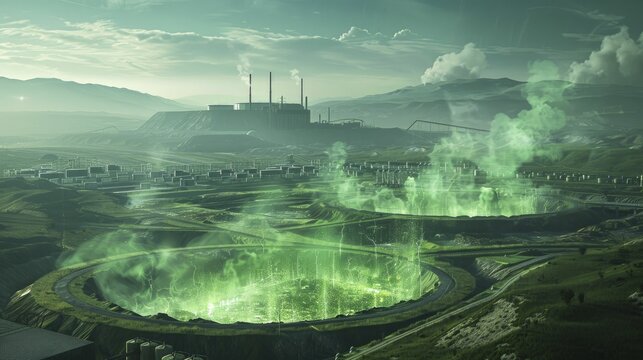 A digital illustration depicts a landfill emitting methane as green clouds, emphasizing methane emissions.