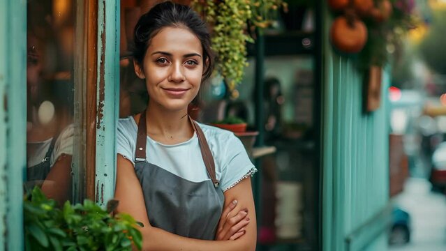  happy owner standing at the door of cefe shop, a cheerful adult waiter waiting for customers at a coffee shop, successful small business owner, professional, service