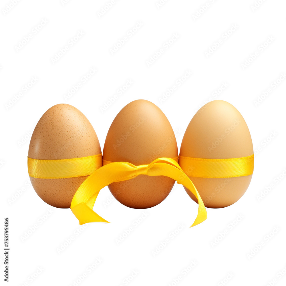 Poster Three eggs with yellow coloring and a patterned ribbon isolated on transparent background
