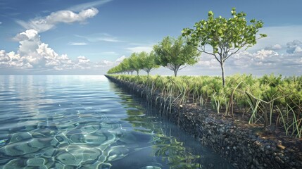 A digital image shows a sea wall and mangrove restoration project, merging coastal protection and carbon sequestration.