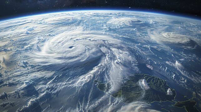 A digital graphic depicting a series of hurricanes viewed from space, showcasing heightened storm intensity associated with warmer oceans.