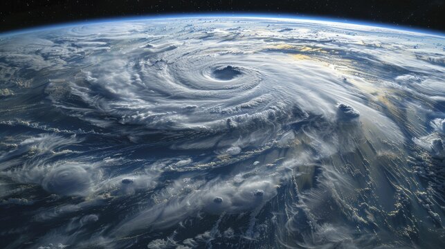 A digital graphic shows hurricanes from space, highlighting storm intensity tied to warmer oceans.