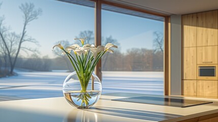 a vase filled with white flowers sitting on top of a counter next to a window with a view of a snow covered field.