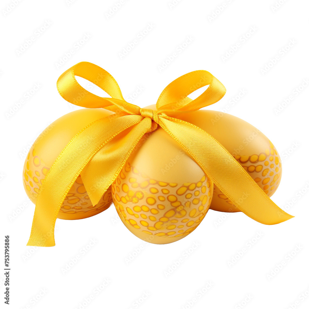 Poster three eggs with yellow coloring and a patterned ribbon isolated on transparent background