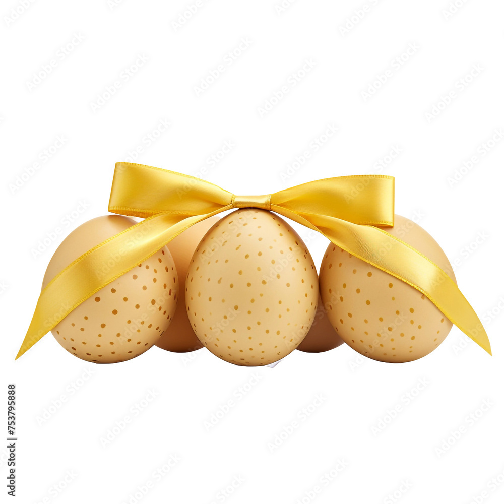Poster Three eggs with yellow coloring and a patterned ribbon isolated on transparent background