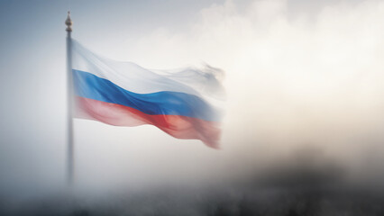 illustrazione di bandiera federazione russa che sventola tra vapori e nebbie - obrazy, fototapety, plakaty