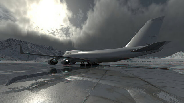 a large jetliner sitting on top of a tarmac next to a snow covered mountain under a cloudy sky.